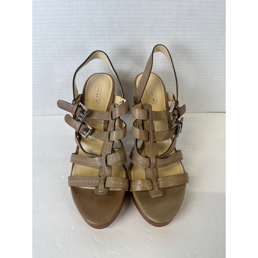 Coach Alie A0384 Taupe Brown Leather Strappy Platform Block Heel Sandals 9.5B